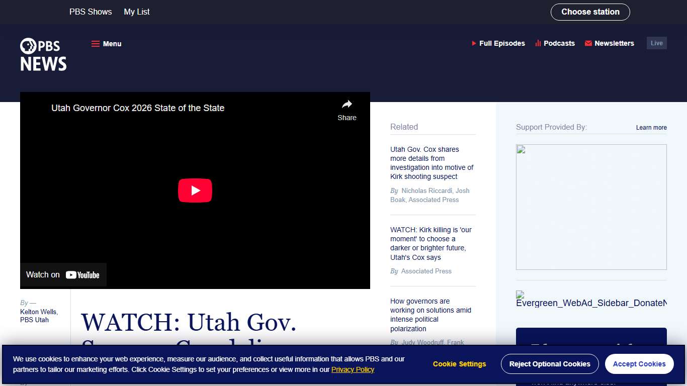 WATCH: Utah Gov. Spencer Cox delivers 2026 State of the State address PBS News