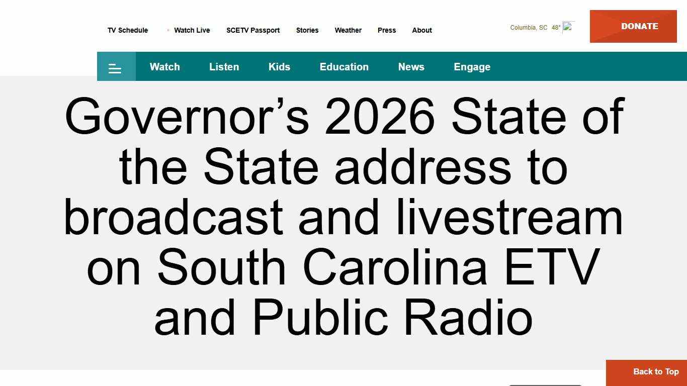 Governor’s 2026 State of the State address to broadcast and livestream on South Carolina ETV and Public Radio Stories January 22, 2026 South Carolina ETV